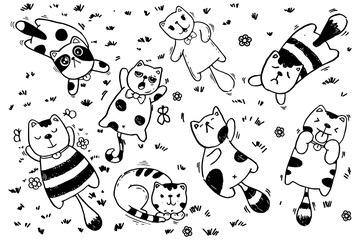 Set of cat cartoon character with different emotion vector doodles style. - 336706628