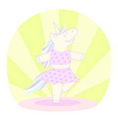 Bright playful vector illustration with a dancing unicorn girl in the flat style. Delicate colors, cheerful mood of the heroine. Can be used for printing on notebooks, notebooks, as a sticker, etc.