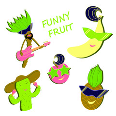 Set of flat funny icons with musical instruments. Added accessories: multi-colored glasses. Every object has a shadow. There are five images: banana, pineapple, cherry, palm, cactus.