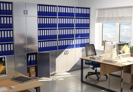 Office. Case for document folders, archival interior. 3d illustration