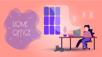 vector illustration of a girl at a laptop working in a bright room