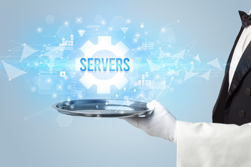 Waiter serving new technology concept with SERVERS inscription