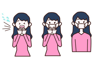 咳をしてマスクをつけた女性のイラスト