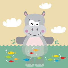 Illustration of cute hippo in water with fishes
