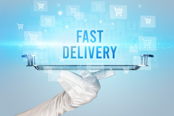 Waiter serving FAST DELIVERY inscription, online shopping concept