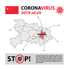 Wuhan.Hubei province map. 2019-nCoV Covid.Coronavirus outbreak. Coronavirus start. China vector map illustration isolated on background