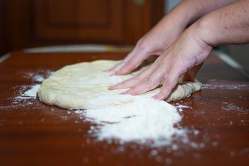 Close up of woman's hands making dough for homemade bread