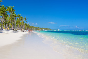 Fototapeta na wymiar Panoramic view of Bavaro Beach on a sunny day. Tropical Bavaro Beach is a white sand and beautiful Atlantic Ocean. One of the best beaches in the Dominican Republic.