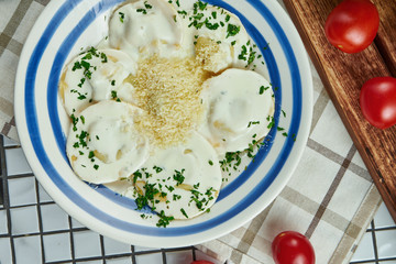 Close up view on homemade ravioli with meat with cream sauce, parmesan and herbs in a white ceramic plate on a white background. Tasty italian cuisine.