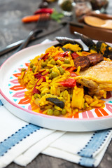 Prawn with rice - closeup of prawn with rice - traditionnal spanish food paella