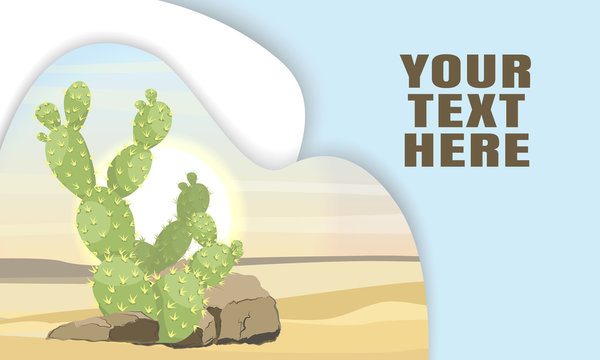Landing Page Template with Layered Shadows and Image Desert with  large green cacti Opuntia. Vector