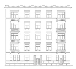 Old Building Facade. Front View. Technical Vector Illustration. Urban Architecture