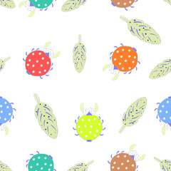 Cute bug and leaves seamless pattern 