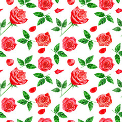 Red roses with green leaves. Watercolor seamless pattern.