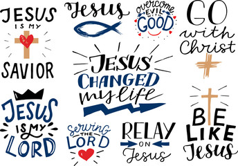 Logo set with Bible verse and Christian quotes Jesus is my Savior, Servig the Lord, my Lord