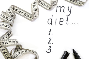 the word is my diet. measuring tape on a white background. The concept of losing weight.