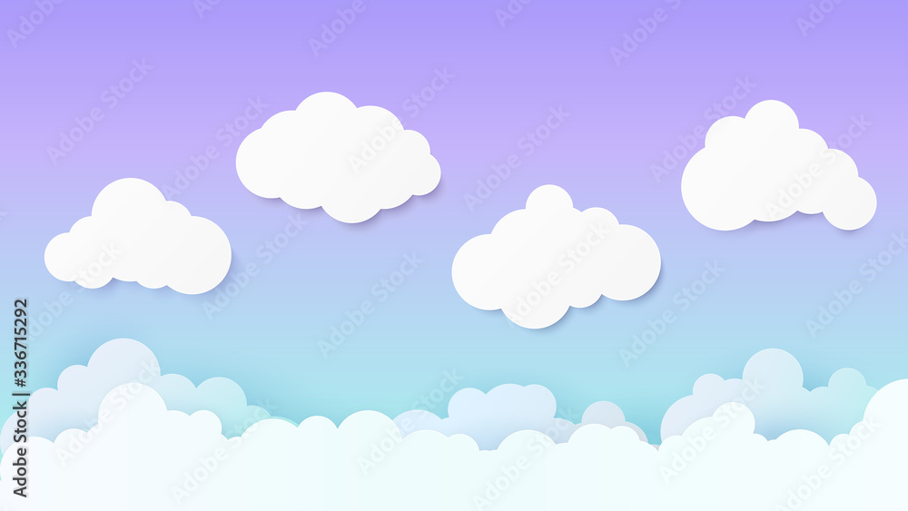 Poster paper art with cloud on sky background. copy space. speech bubble with white blank hanging.