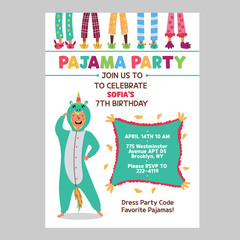 Pajama kids party invitation. Baby's birthday invite. One-sided invitation form with a girl in Kigurumi pajamas unicorn. Children's pajama slippers. Vector