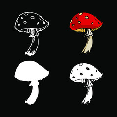 Mushroom, amanita. Hand drawn inking, vintage illustration. Collection set on black background. Stock vector illustration