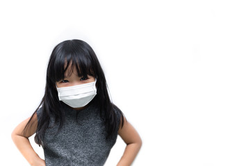 Asian cute little girl wear mask on white background,A girl wearing protection medical mask covid-19 or coronavirus from Infected person,corona protected Help protect For world 