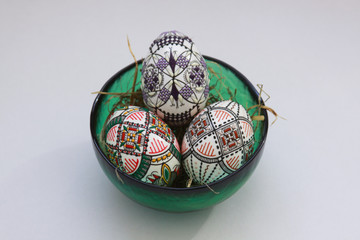 Traditional handmade Easter eggs in glass bowl