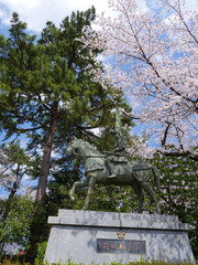 高岡古城公園　前田利長騎馬像と桜の花
