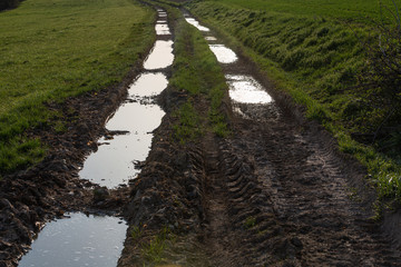 Feldweg mit Matsch und Pfützen