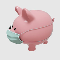 3d render. Covid-19 financial crisis. Coronavirus crisis, piggy bank with with a medical mask.
