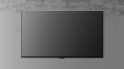 The TV is hanging on a gray concrete wall. TV off. Realistic vector illustration.