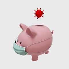Obraz premium 3d render. Covid-19 financial crisis. Coronavirus crisis, piggy bank with with a medical mask.