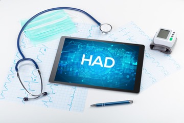 Close-up view of a tablet pc with HAD abbreviation, medical concept