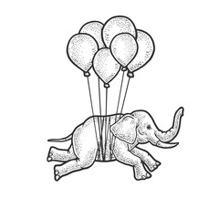 Elephant flies on balloons sketch engraving vector illustration. T-shirt apparel print design. Scratch board imitation. Black and white hand drawn image.