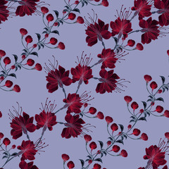 Seamless pattern transparent rose flowers and Apple blossoms on a white background, pink roses, x-ray flowers, pink Sakura flowers, lilac and blue stems and leaves, floral pattern for printing 