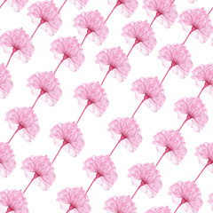 Seamless pattern transparent rose flowers and Apple blossoms on a white background, pink roses, x-ray flowers, pink Sakura flowers, lilac and blue stems and leaves, floral pattern for printing 