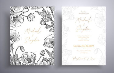 Golden invitation with frame of leaves and flowers. Botanical template with space for your text. Beautiful cards that can be used for design cover, invitation, greeting cards, brochure and etc