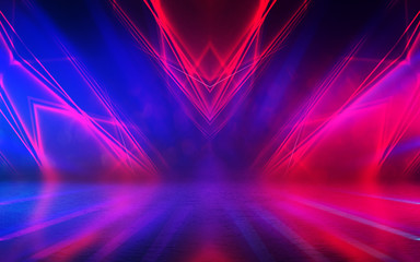 Empty dark abstract background. Background of empty show scene. Glow of neon lights and neon figures on an empty concert stage. Reflection of light on the pavement.