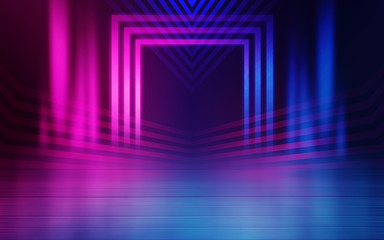 Empty dark abstract background. Background of empty show scene. Glow of neon lights and neon...