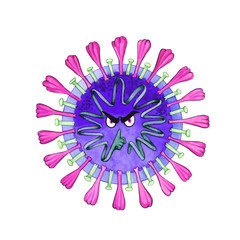 Obraz premium A microscopic view of a virus molecule with an expression of anger and fear. China respiratory syndrome pathogen 2019-ncov, hand-drawn watercolor illustration. Dangerous Asian crown virus ncov.