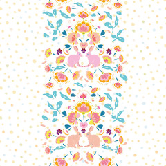 Vector folk art boho easter bunny vertical border on white dotted background. Happy spring design. Event and holidays. Surface pattern design.