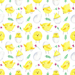 Yellow chickens seamless pattern watercolor, Easter print © Darya_s
