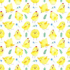Yellow chickens seamless pattern watercolor, Easter print