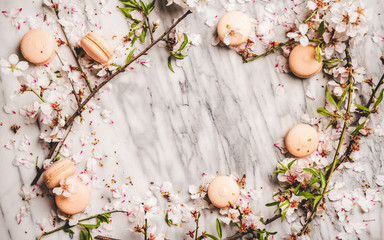Flat-lay of sweet macaron cookies and white spring blossom flowers over white marble background, top view, copy space, horizontal composition