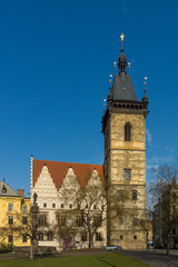 Obraz premium The streets of old Prague. New Town Hall. Czech Republic.