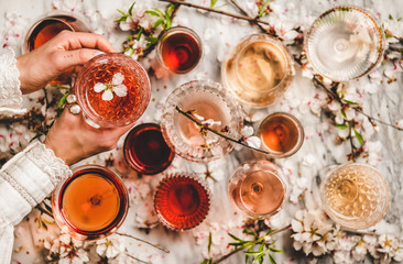 Womans hands over dofferent shades of rose wine in glasses and spring blossom flowers over white...