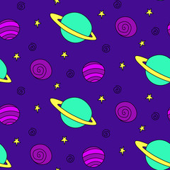 Baby seamless pattern. Different multi-colored cartoon planets and stars in space. Vector Cosmic background and texture. For kids design, fabric, wrapping, wallpaper, textile, apparel