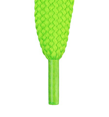 Zbliżenie na zakończenie płaskiej sznurówki w kolorze zielonym.