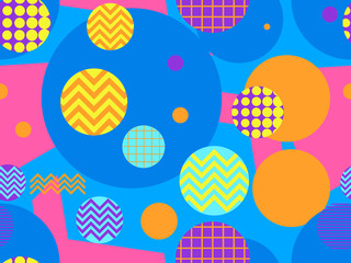 Memphis seamless pattern with geometric shapes in the style of the 80s. Eighties print colorful background for promotional products, wrapping paper and printing. Vector illustration