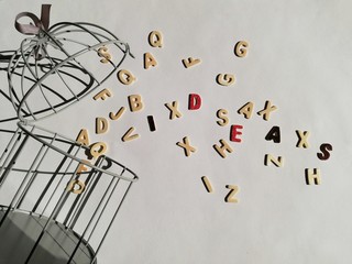 Open cage and scattered letters with ideas written