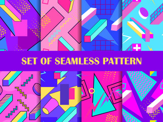 Memphis set of seamless pattern with geometric shapes in the style of the 80s. Eighties print colorful background for promotional products, wrapping paper and printing. Vector illustration