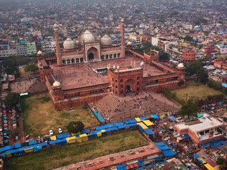 Jama Masjid biggest mosque of India in New Delhi, aerial drone view